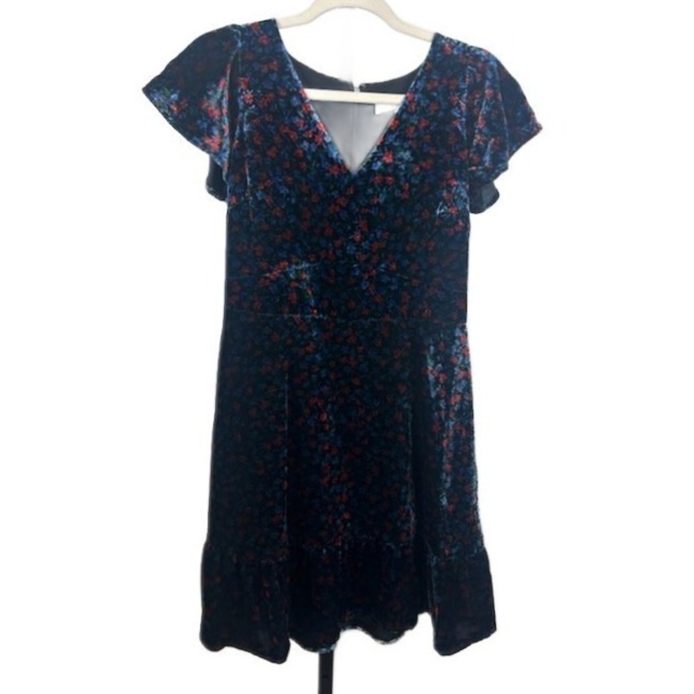 LOFT Velvet Midi Dress Women's Size 4 Navy Blue Multi Floral Flutter Sleeve Y2K